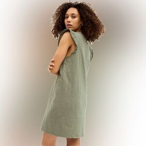 Rosemarine - Made In Italy Olive Green Button Front Linen Dress